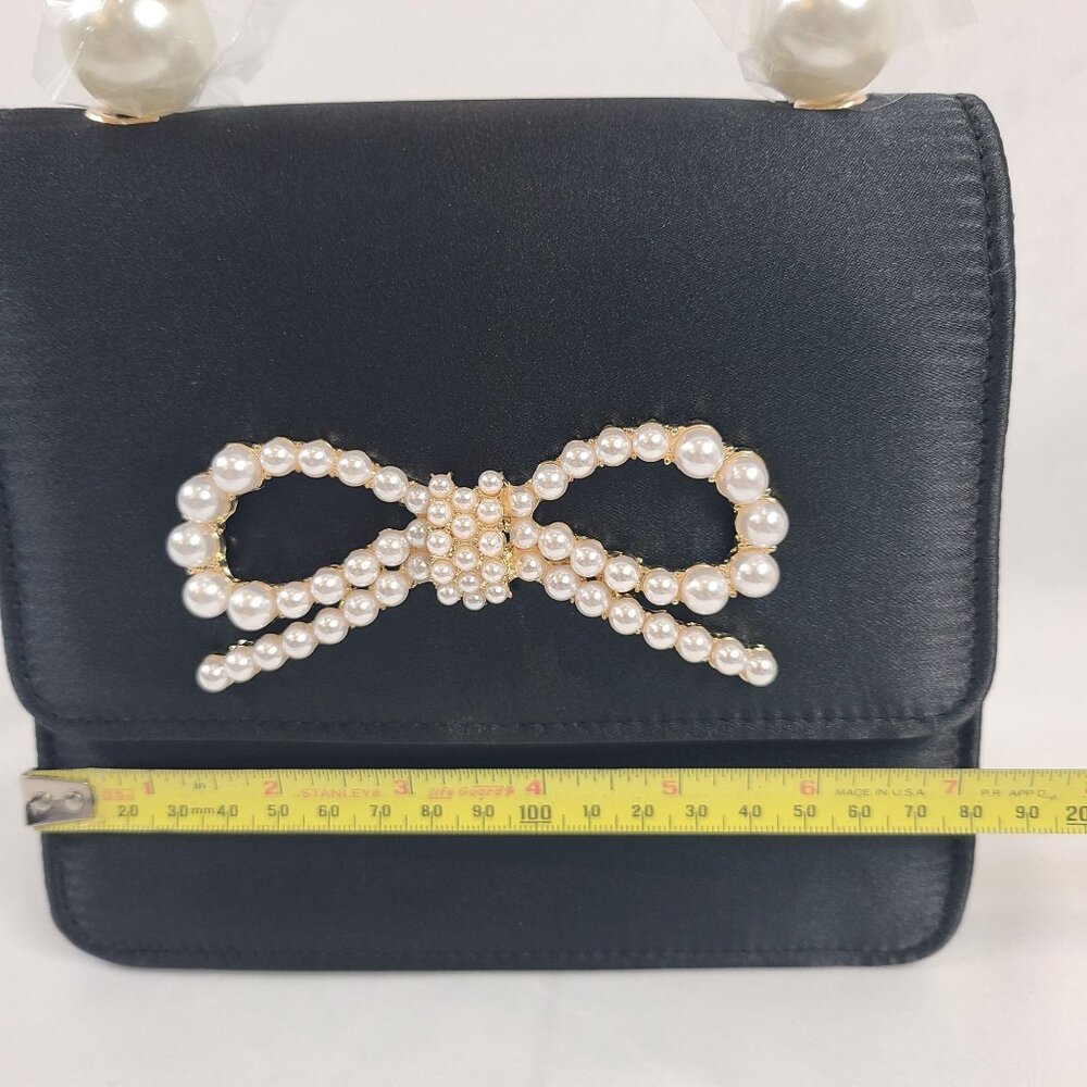 NWT Shiraleah Black Maude Mini Top Handle Bag Pearl Bow Accent Gold Chain Strap - Picture 7 of 10